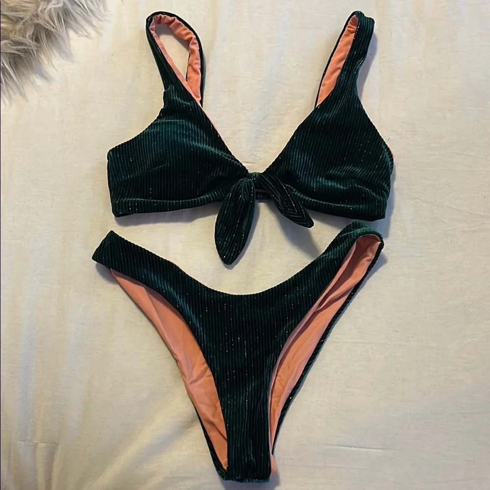 Velvet Tie-Front Bikini Set - Green
